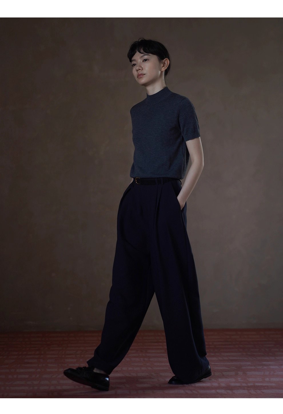 鬆弛顯瘦版型雙面織造斜紋西褲布料高腰闊腿通勤長褲女