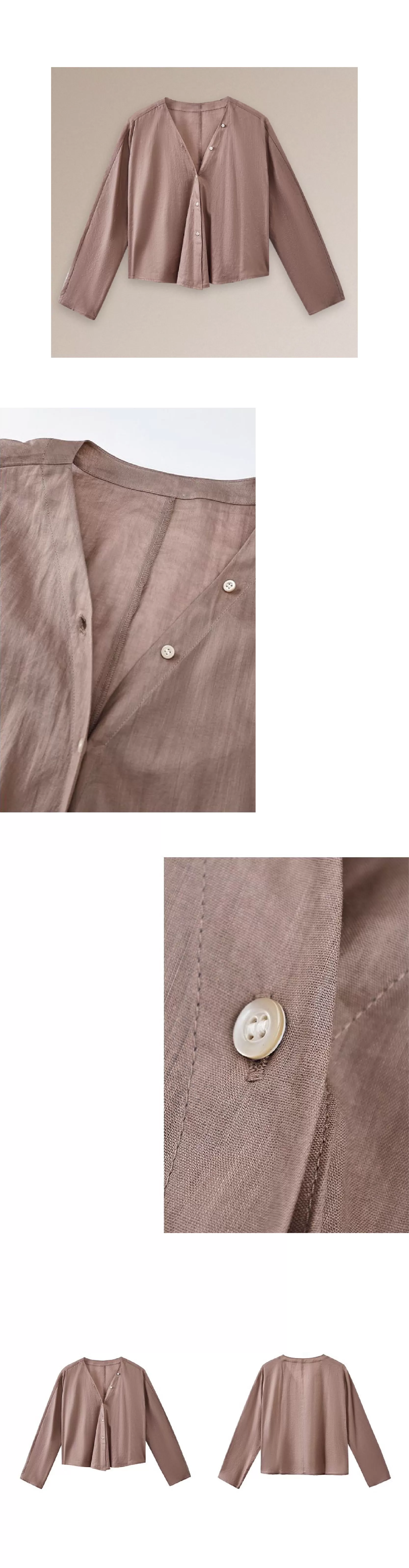 天然苧麻棉乾爽透氣肌理V領連肩袖薄顯瘦通勤長袖襯衫