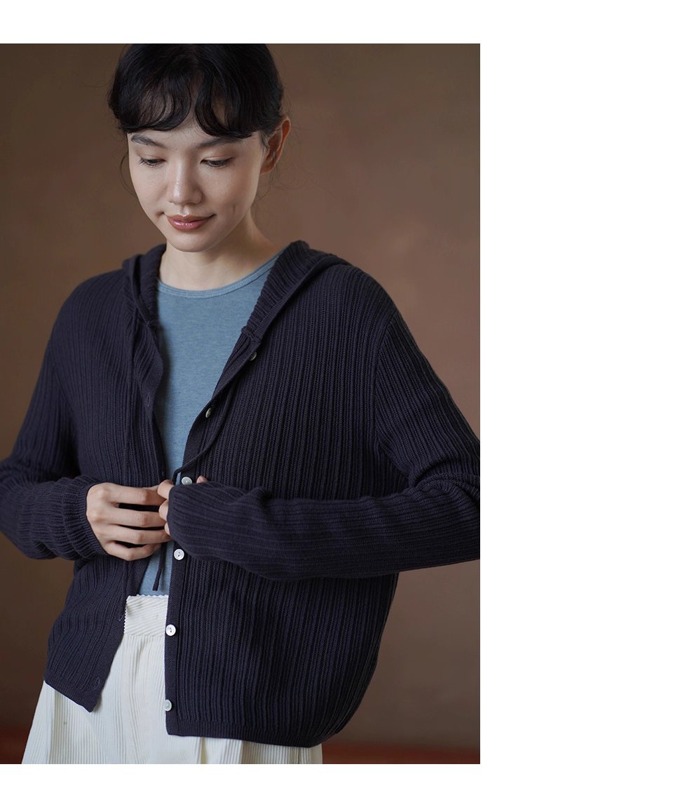 48支超細美利奴羊毛混紡顯瘦坑條織法寬鬆連帽針織開襟衫