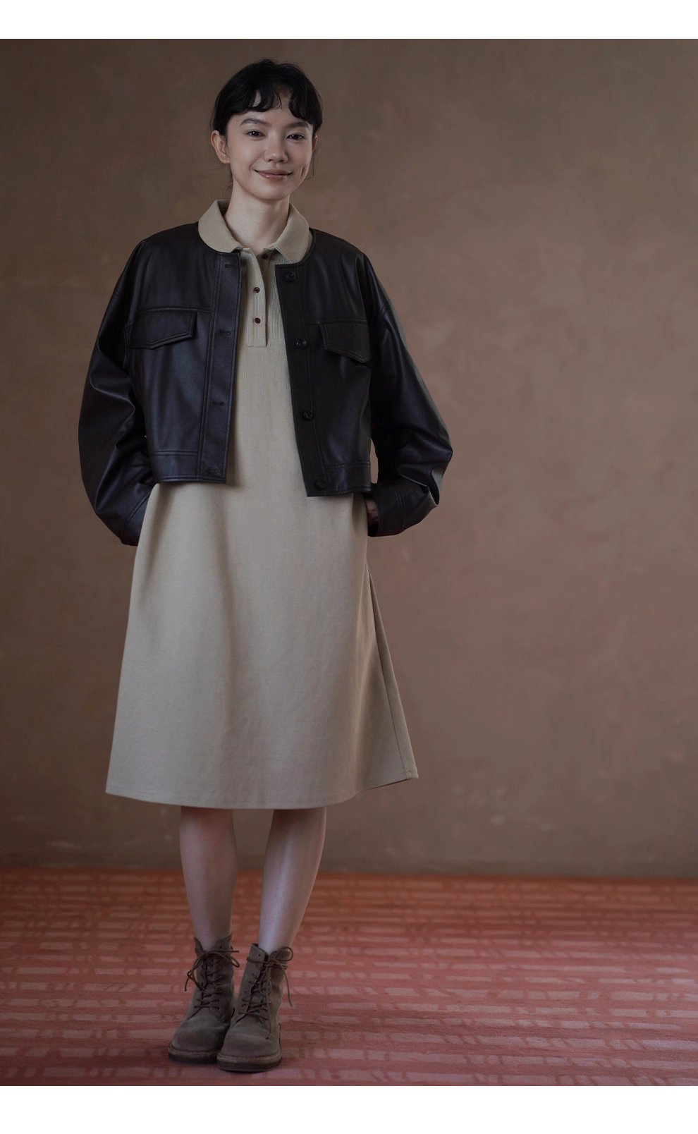 復古回潮細膩軟糯圓領廓形寬鬆顯瘦短款小個子皮衣夾克