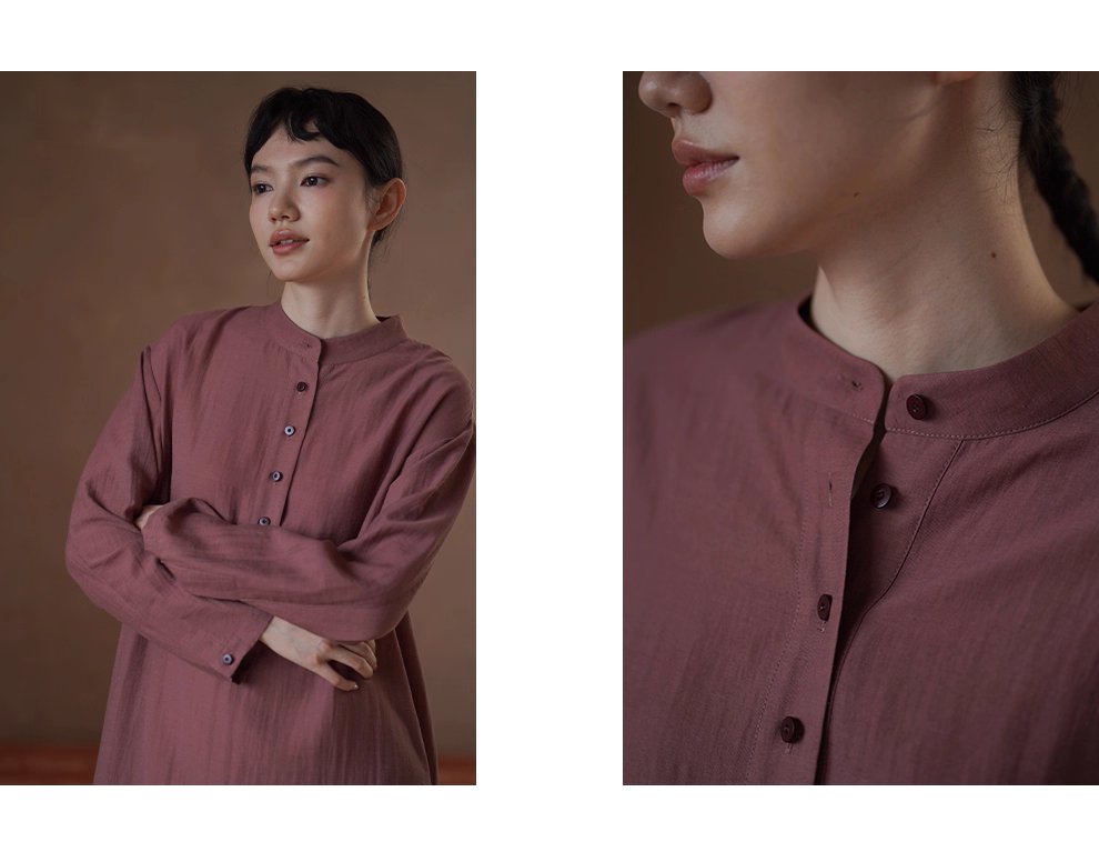 清雅芍藥顯白亞麻混紡透氣挺括顯瘦寬鬆立領襯衫洋裝