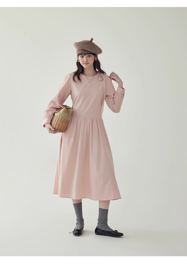 法式繫帶圓領粉紅洋裝女秋新款長袖a字中長裙