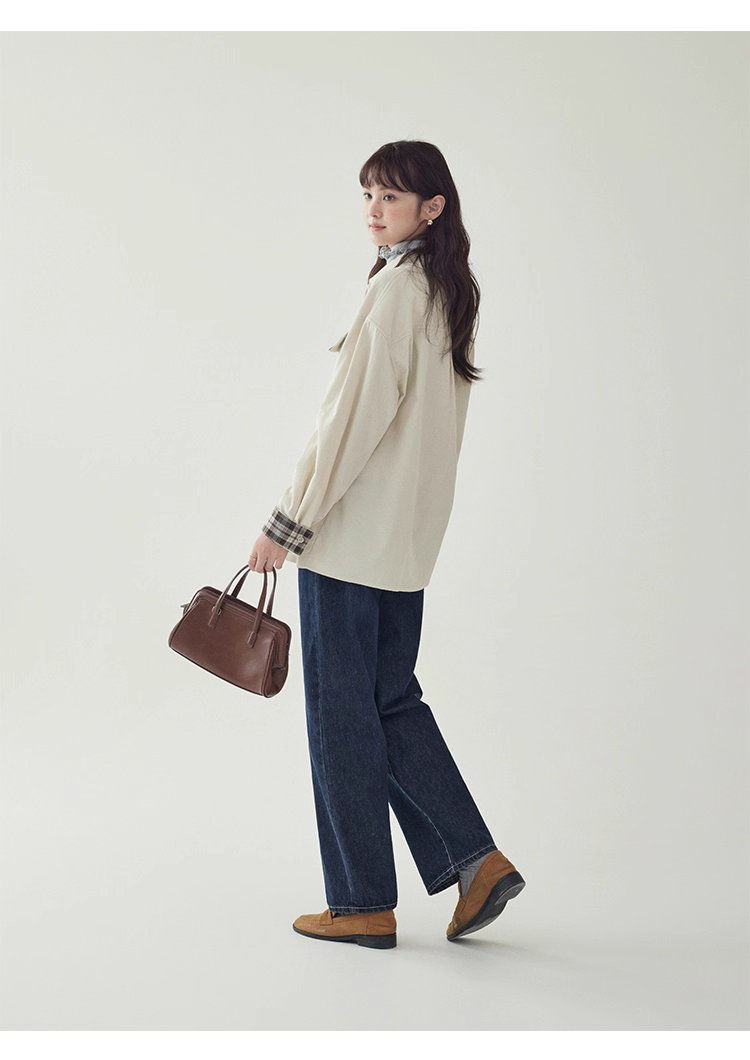 撞色格紋燈芯絨長袖襯衫女秋季新款翻領外套上衣