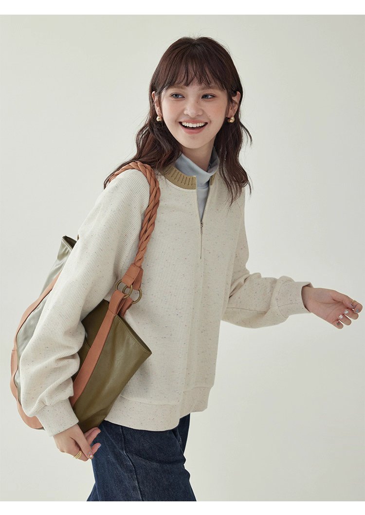 撞色彩點半開拉鍊衛衣T恤女秋季新款插肩袖上衣