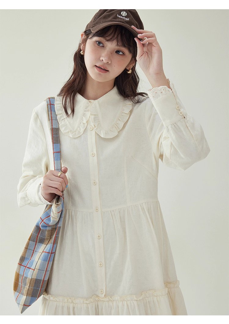 減齡純色花邊翻領洋裝女秋季新款中長娃娃裙