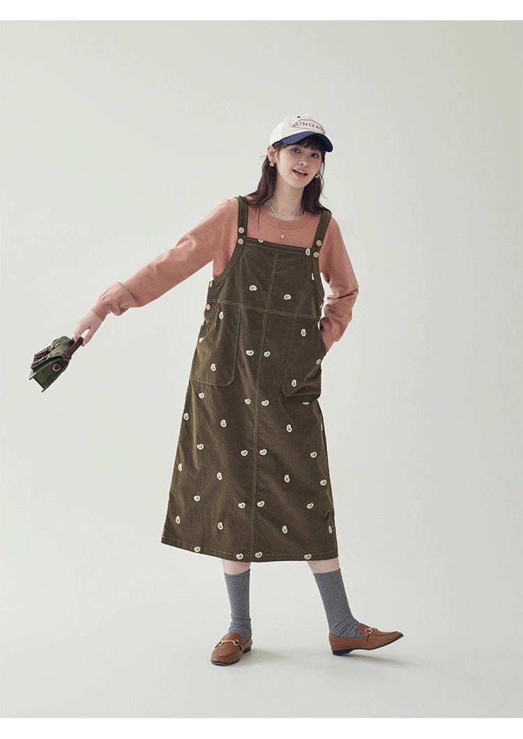 減齡刺繡純棉背帶洋裝女秋季新款後開叉a字裙