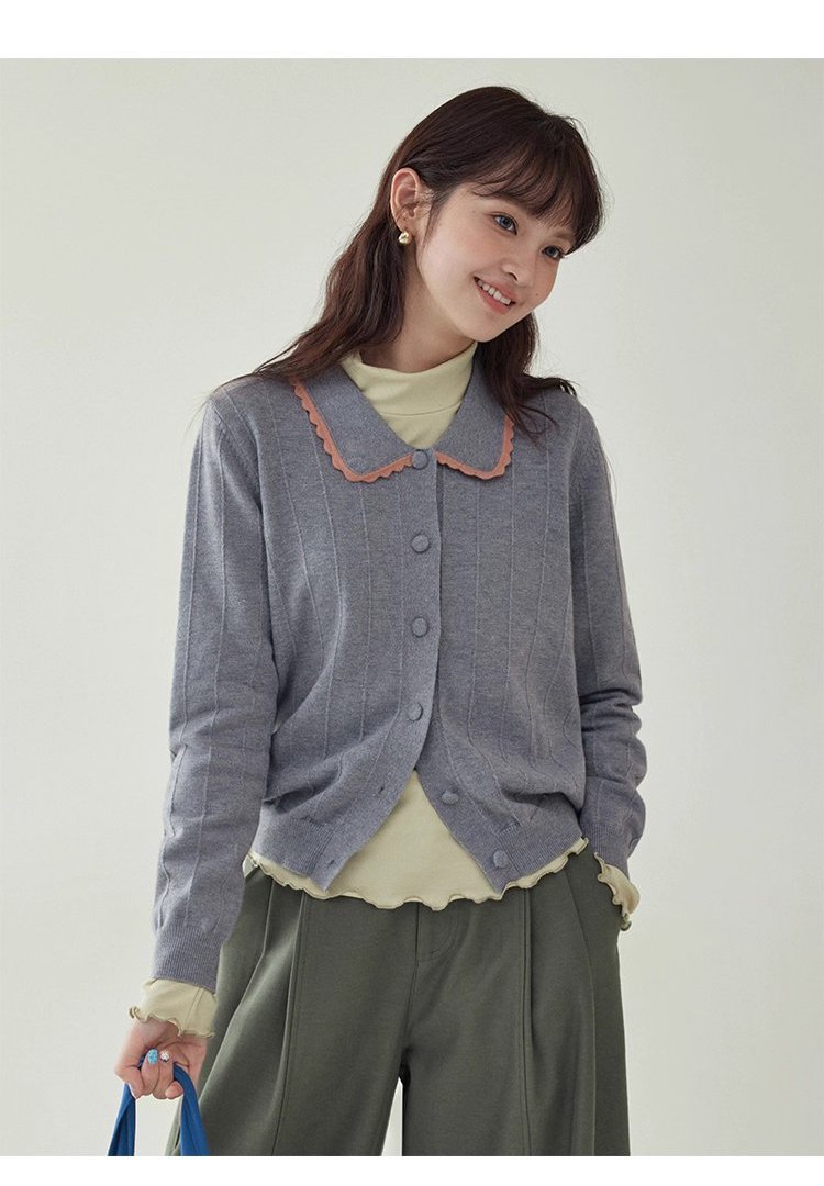 韓系撞色翻領針織開襟衫女秋季新款單排扣長袖上衣