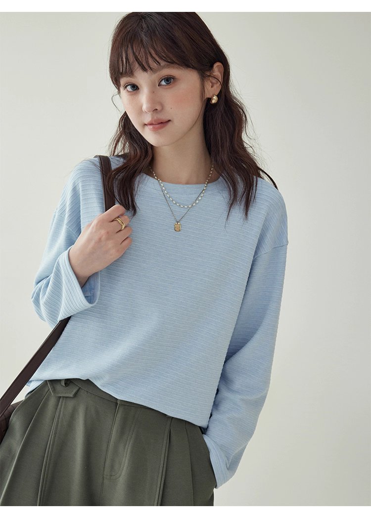 韓系藍線圓領長袖T恤女秋季新款簡約寬鬆上衣