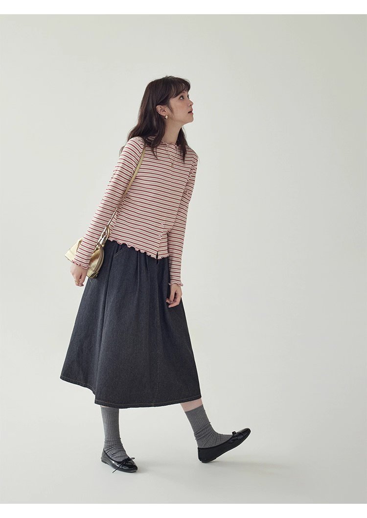 下擺扣條紋兩穿內搭T恤女秋新款花邊長袖上衣