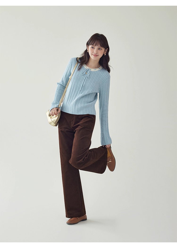 藍色綁帶圓領扭花針織衫女秋季新款百搭長袖上衣