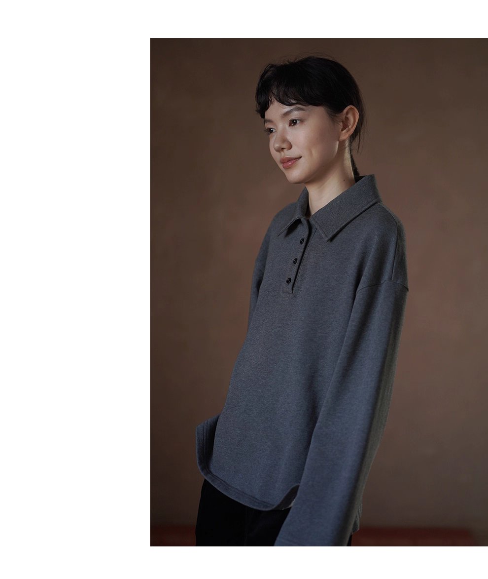 復古經典休閒碰撞Polo領寬鬆顯瘦100棉做舊花灰落肩衛衣