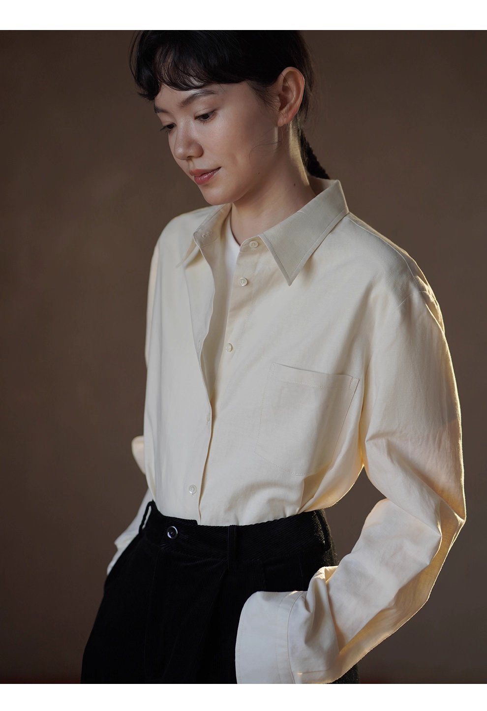 清香檸檬舒適棉麻混紡長袖疊穿寬鬆襯衫顯瘦通勤上衣女