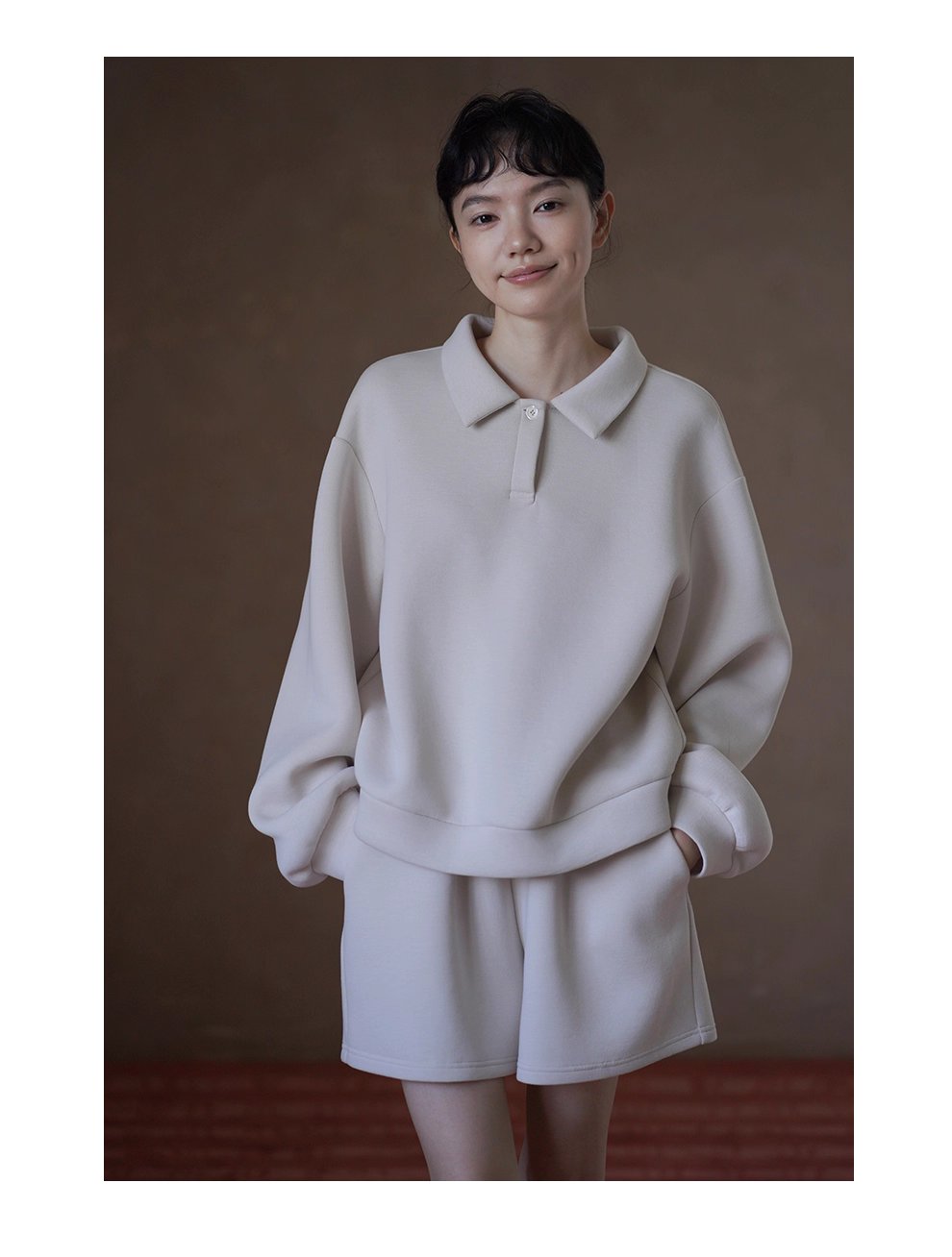 綿軟暖糯衛衣套裝寬鬆落肩Polo領顯瘦上衣鬆緊高腰短褲