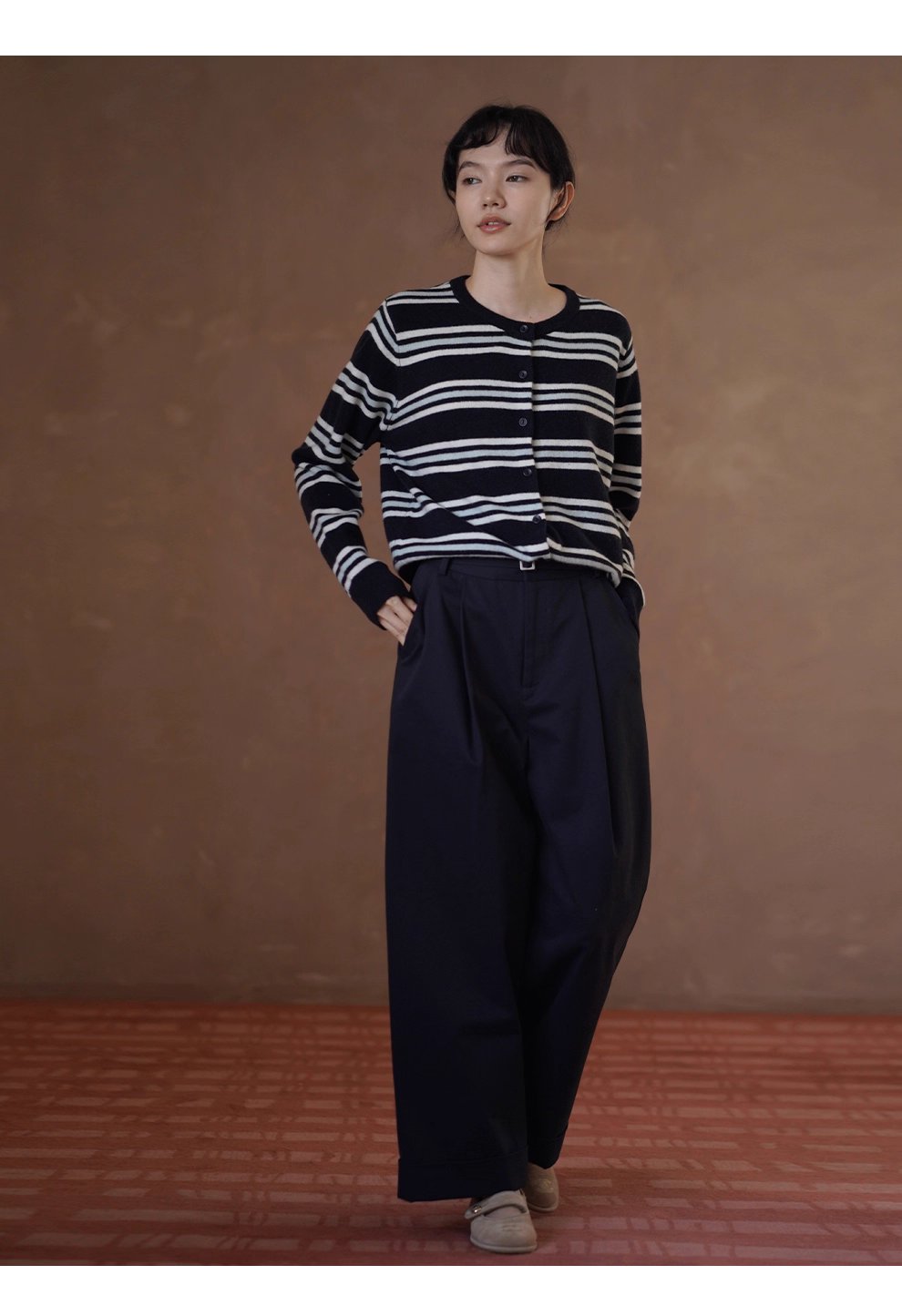 無可挑剔挺括棉感可調式腰帶直筒寬鬆闊腿顯瘦高腰長褲