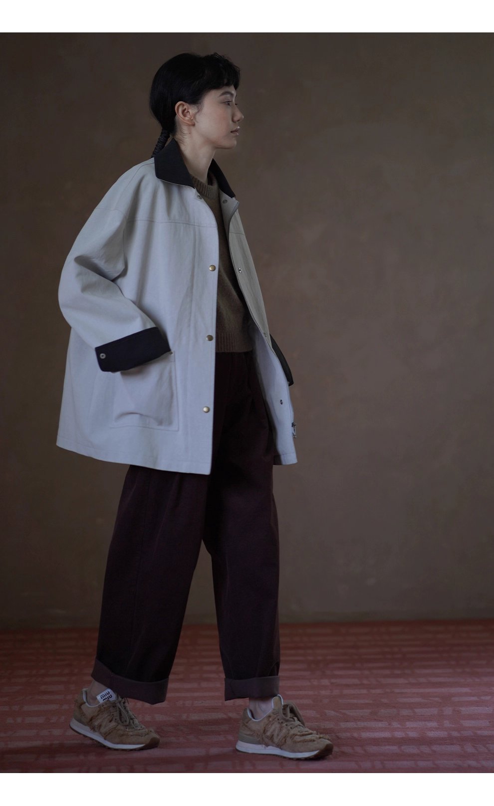 復古工裝健行外套斜紋挺括寬鬆顯瘦撞色翻領一手長風衣