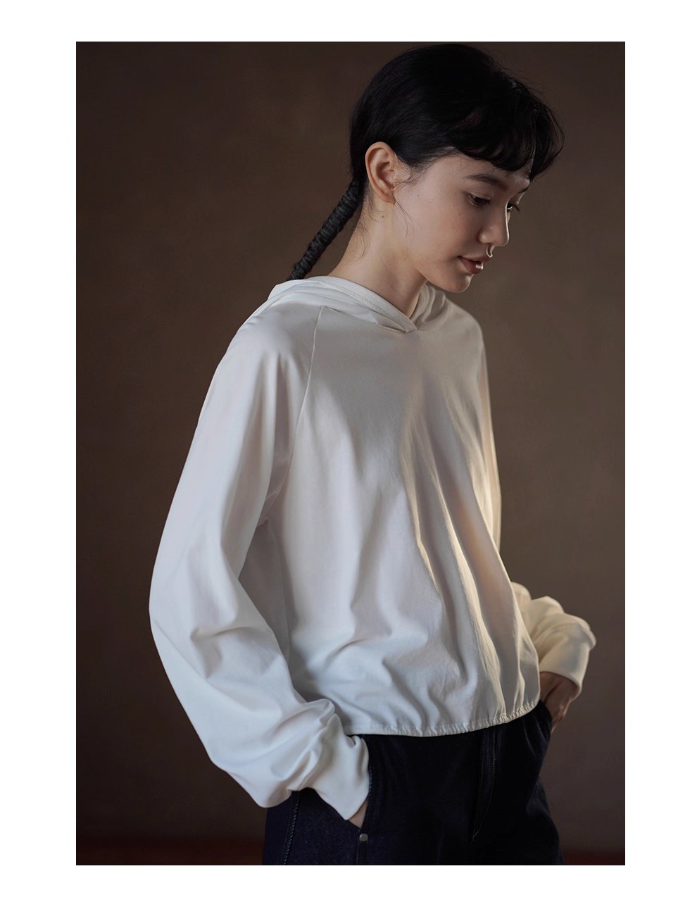 100棉垂軟寬鬆顯瘦連帽休閒長袖上衣可調整下擺T恤內搭