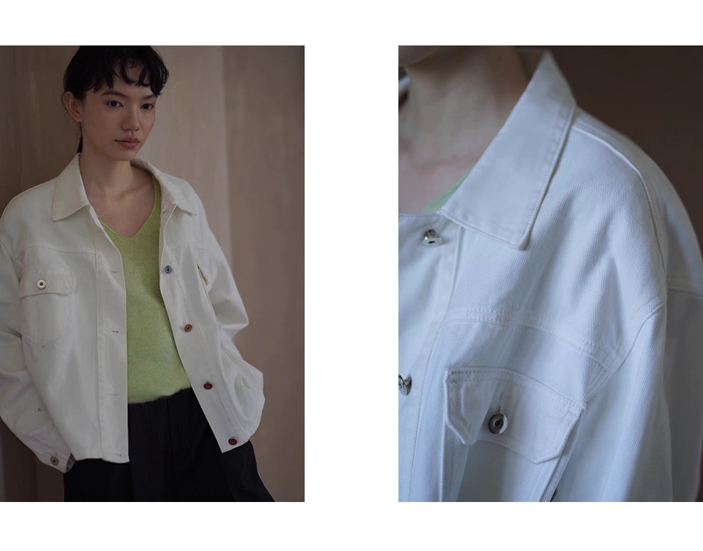 復古工裝立體口袋水洗100棉柔軟斜紋牛仔寬鬆翻領外套女