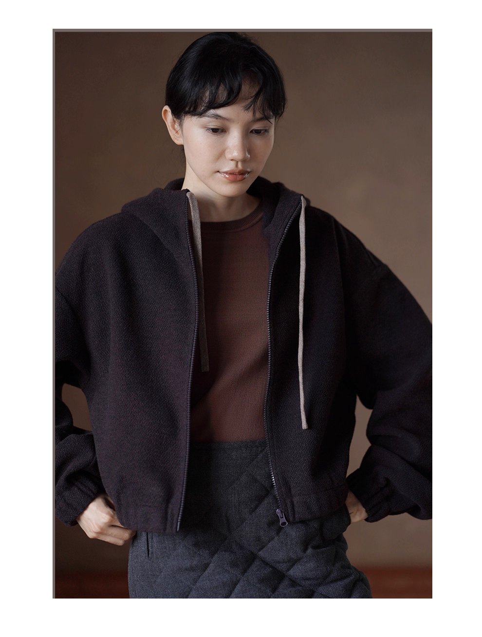 榛果咖濃鬱質感加厚綿羊毛混紡寬鬆短連帽衛衣外套女