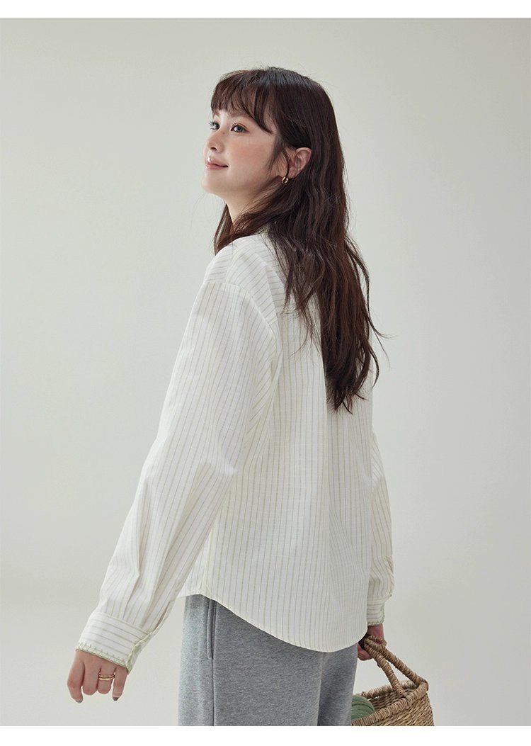反線條單排扣長袖襯衫女秋季新款polo領寬鬆上衣