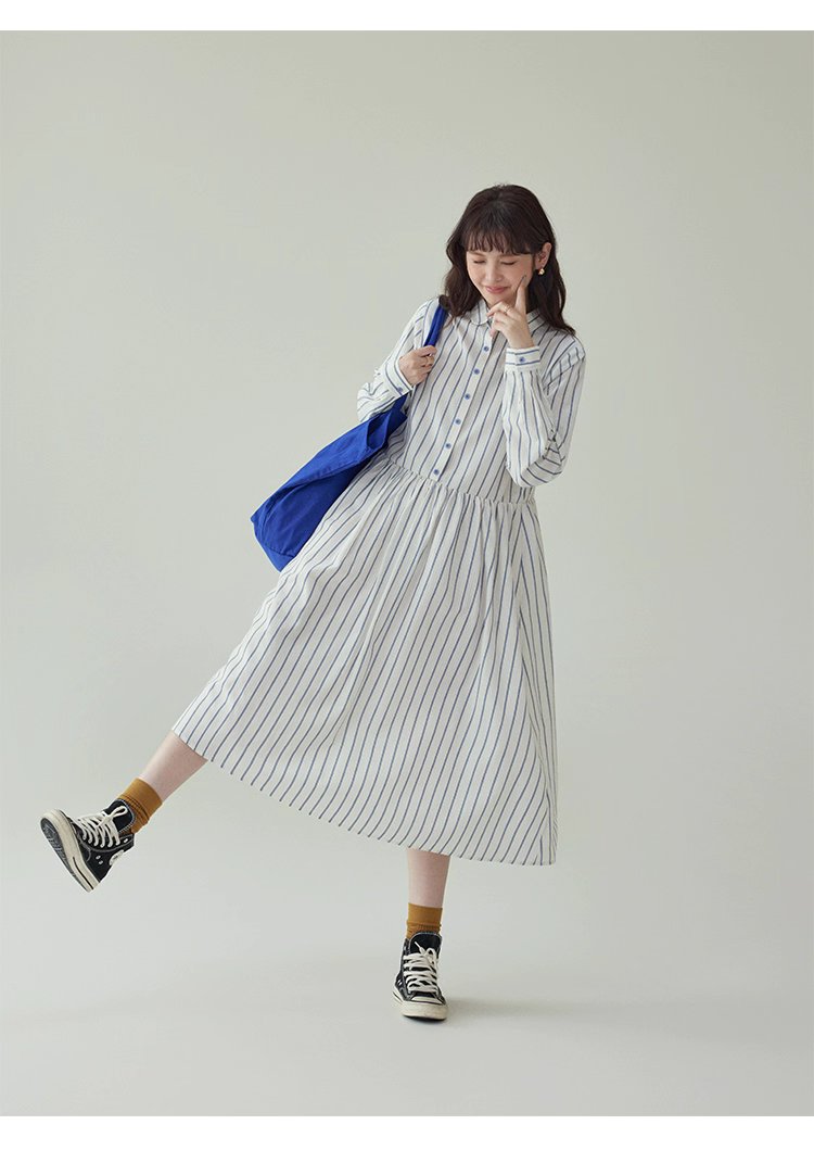 藍條紋娃娃領純棉洋裝女秋新款寬鬆長袖襯衫裙,藍條紋娃娃領純棉洋裝女秋新款寬鬆長袖襯衫裙,HBEW7043,藍條紋娃娃領純棉洋裝女秋新款寬鬆長袖襯衫裙,襯衫洋裝,全棉面料