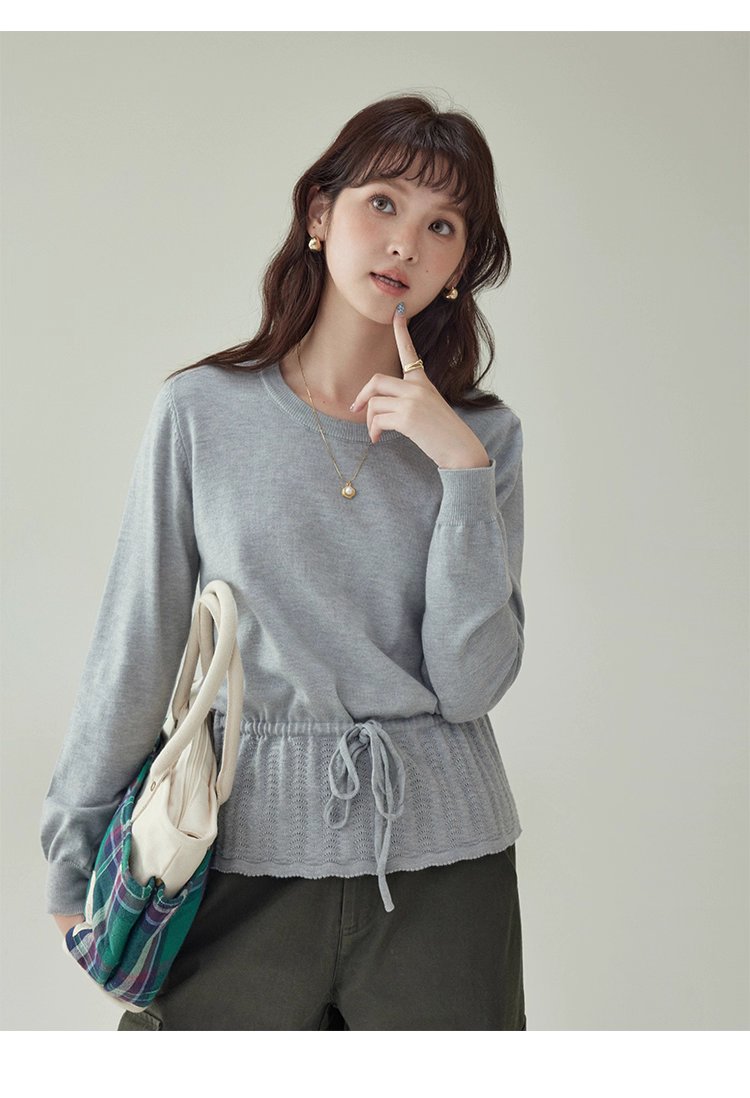 小眾抽繩提花下擺針織衫女秋季新款長袖內搭上衣,小眾抽繩提花下擺針織衫女秋季新款長袖內搭上衣,HBEW1094,小眾抽繩提花下擺針織衫女秋季新款長袖內搭上衣,簡約大方,抽繩衣襬