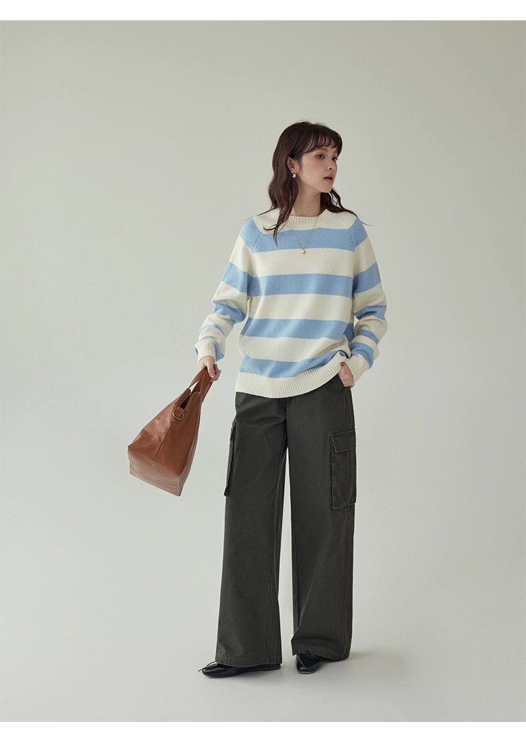 韓國拼色條紋插肩袖毛衣女秋款新款休閒寬鬆上衣
