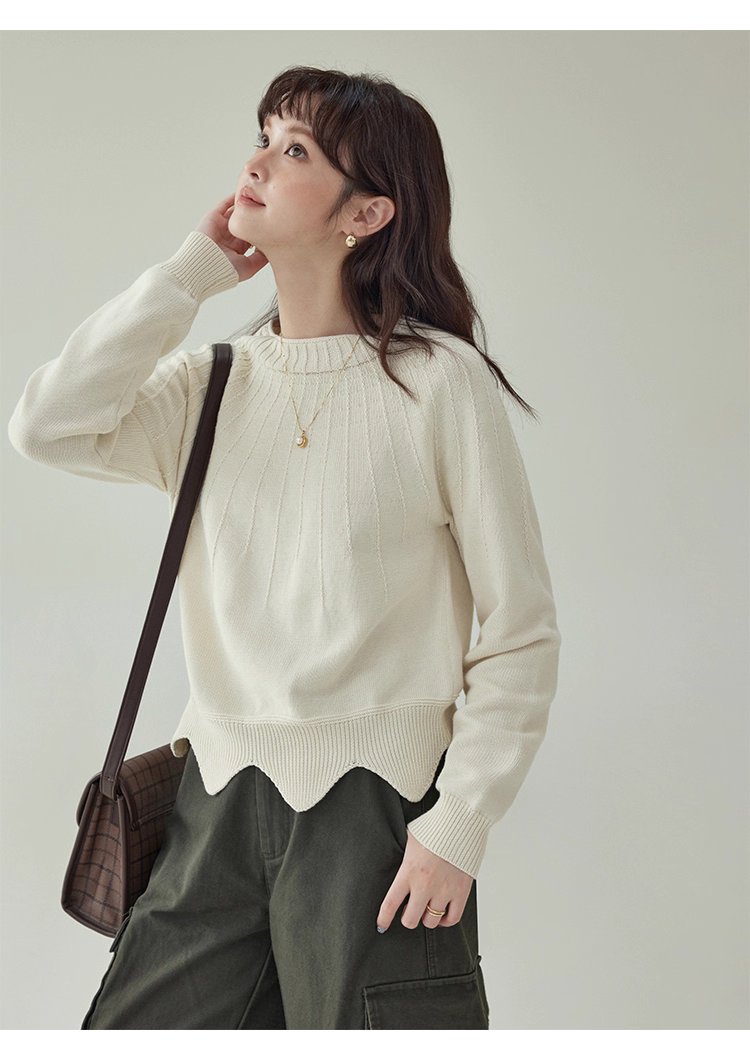 設計感波浪下擺純棉針織衫女秋冬季新款長袖上衣