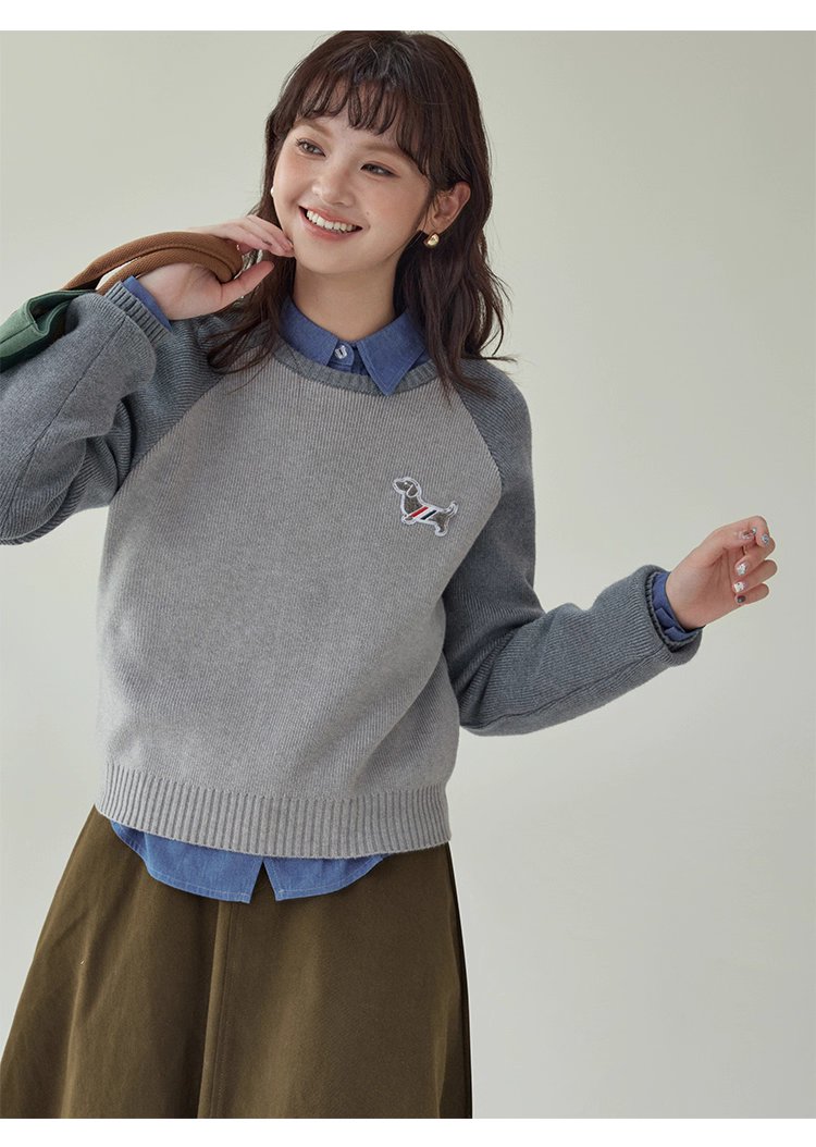 拼色插肩長袖短版針織衫女秋季新款小狗刺繡上衣
