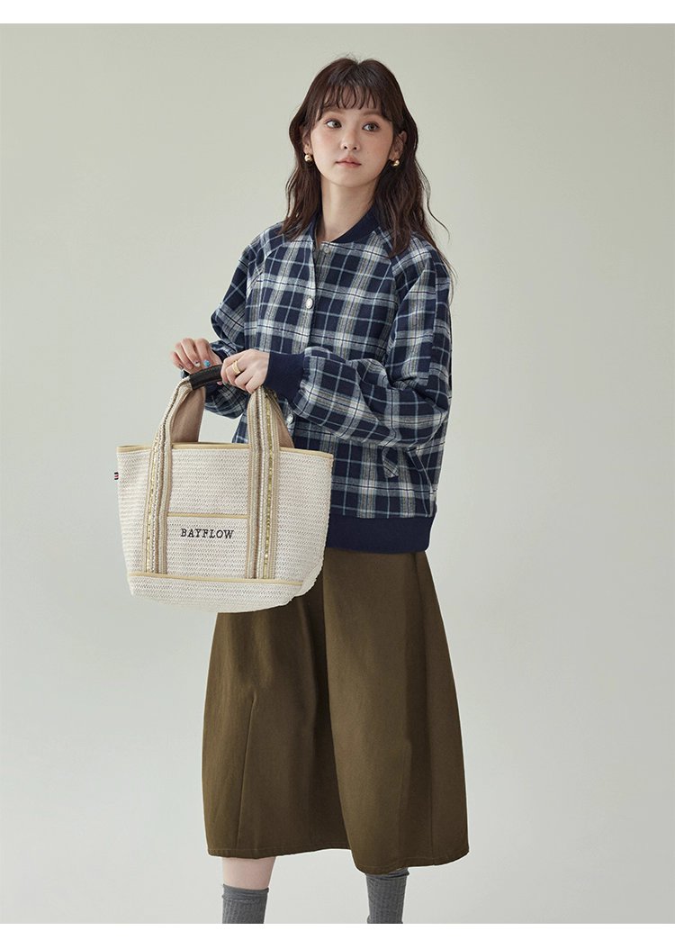 撞色格紋插肩袖摁扣外套女秋季新款長袖外套上衣