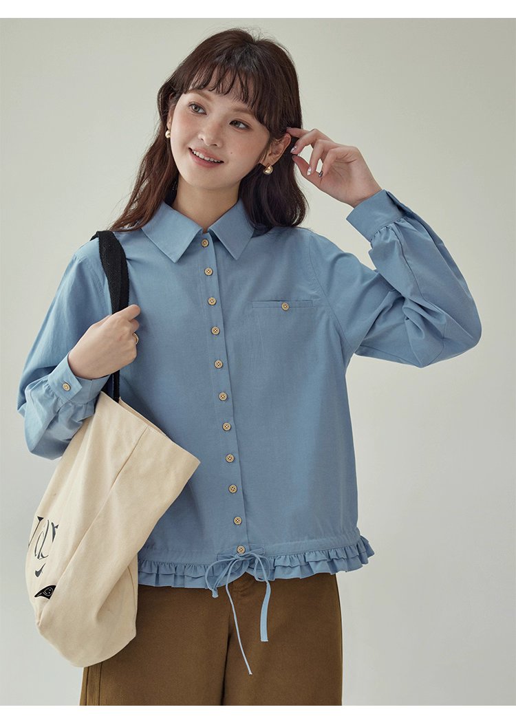 藍色花邊下擺抽繩襯衫女秋季新款單排扣長袖上衣,藍色花邊下擺抽繩襯衫女秋季新款單排扣長袖上衣,HBEW1103,藍色花邊下擺抽繩襯衫女秋季新款單排扣長袖上衣,翻領排扣,天絲混棉