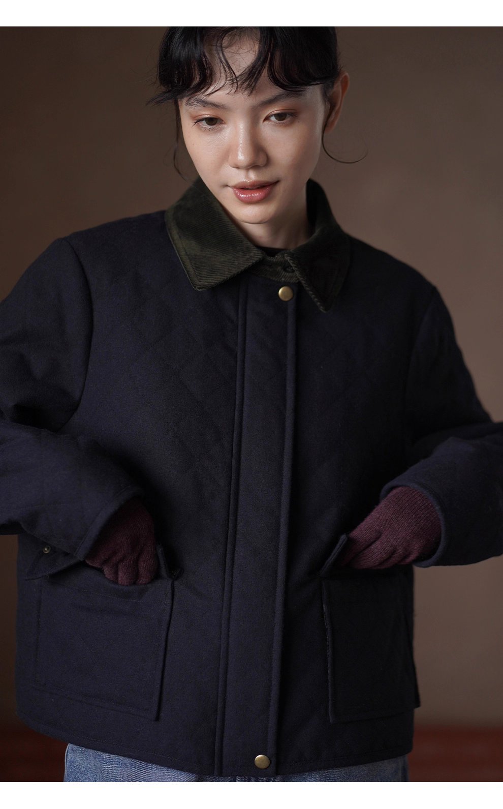 復古英倫配色撞色燈芯絨翻領正肩短款菱形格絎棉外套女