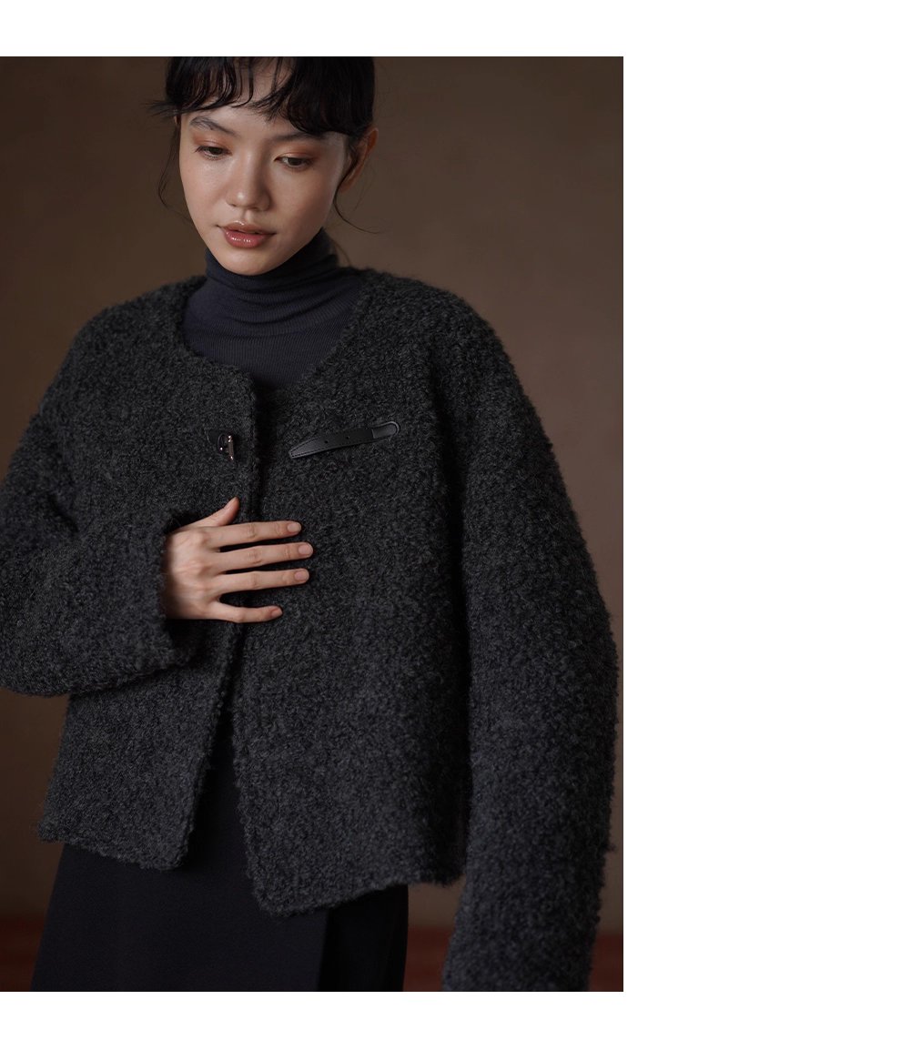 費城外套蓬鬆羊毛圈毛呢料輪廓皮袢圓領通勤顯瘦大衣
