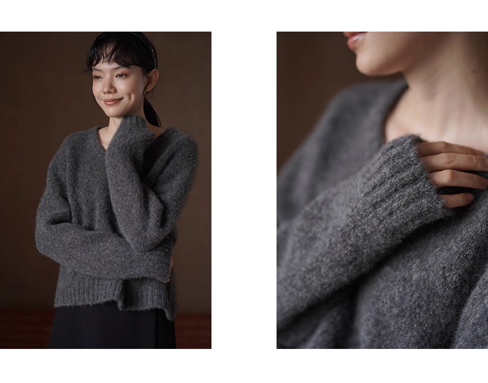 溫柔蓬鬆雜花灰毛衣馬海毛綿羊毛混紡寬鬆V領落肩上衣女