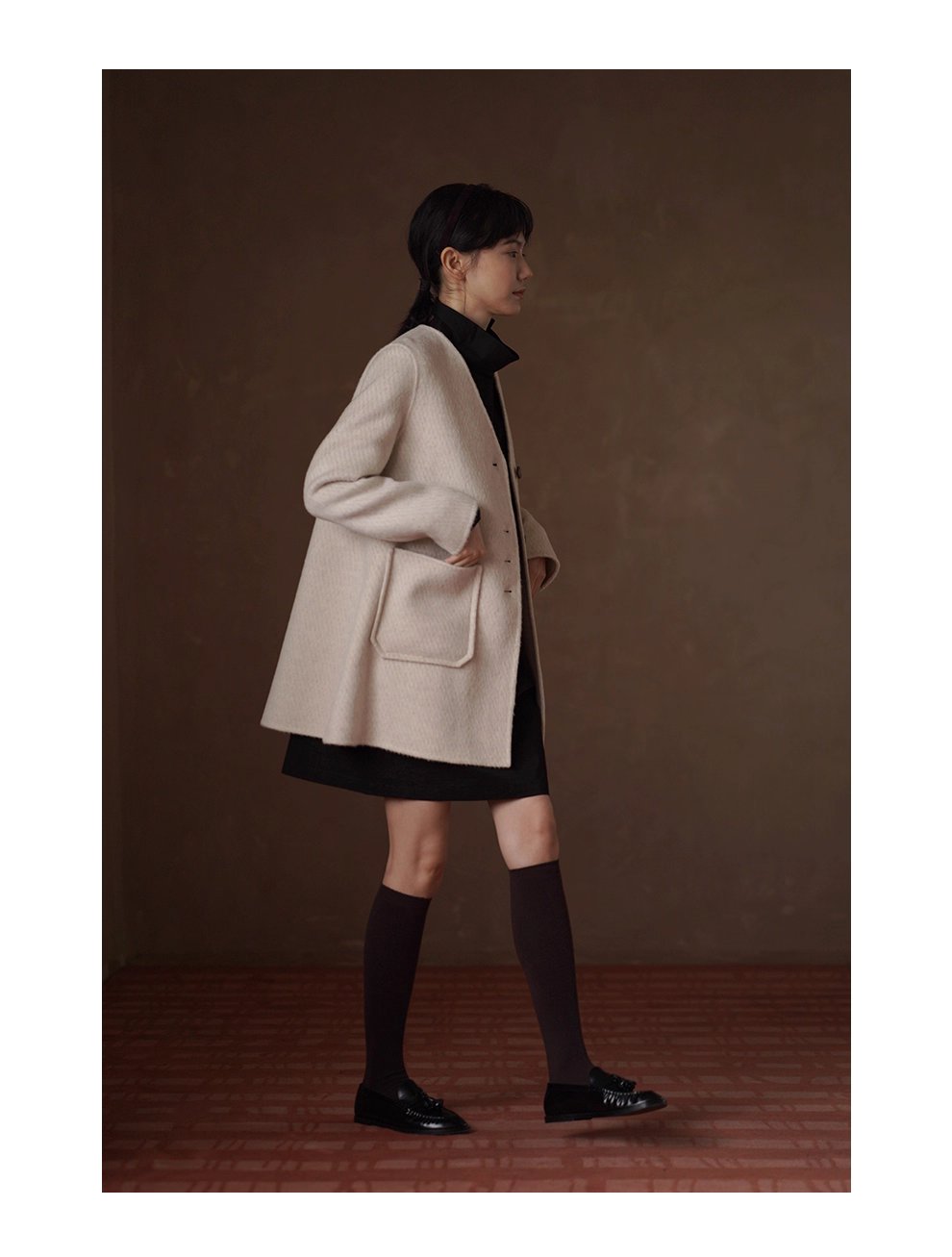 秋冬新款弗里達學院可調式紐扣高領寬鬆100棉連身裙女