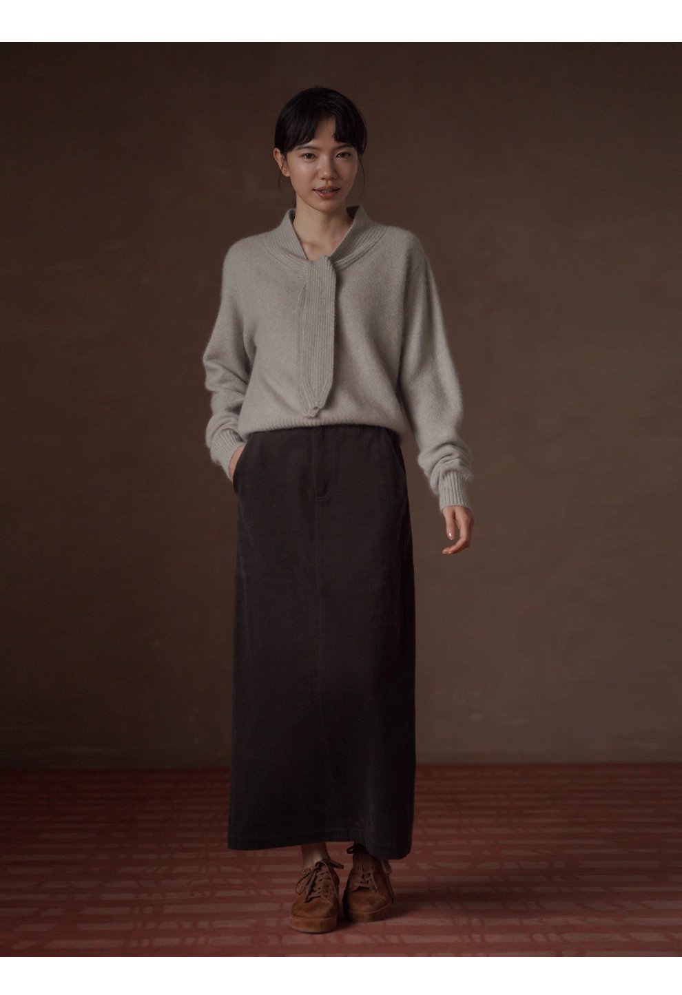 靜謐月光羊毛柔和混紡紗線領結設計感坑條顯瘦寬鬆毛衣