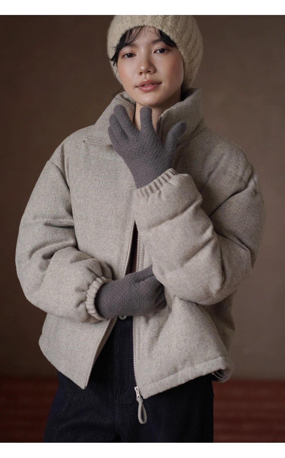 冬日盧森堡保暖外套羊毛夾花人字紋加厚短款休閒棉服女