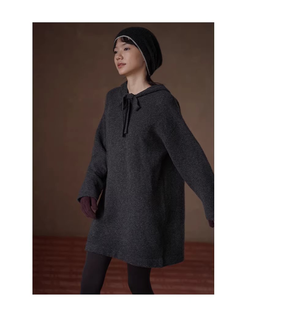 柔軟蓬鬆水洗拉毛工藝羊毛混紡連帽寬鬆顯瘦針織洋裝