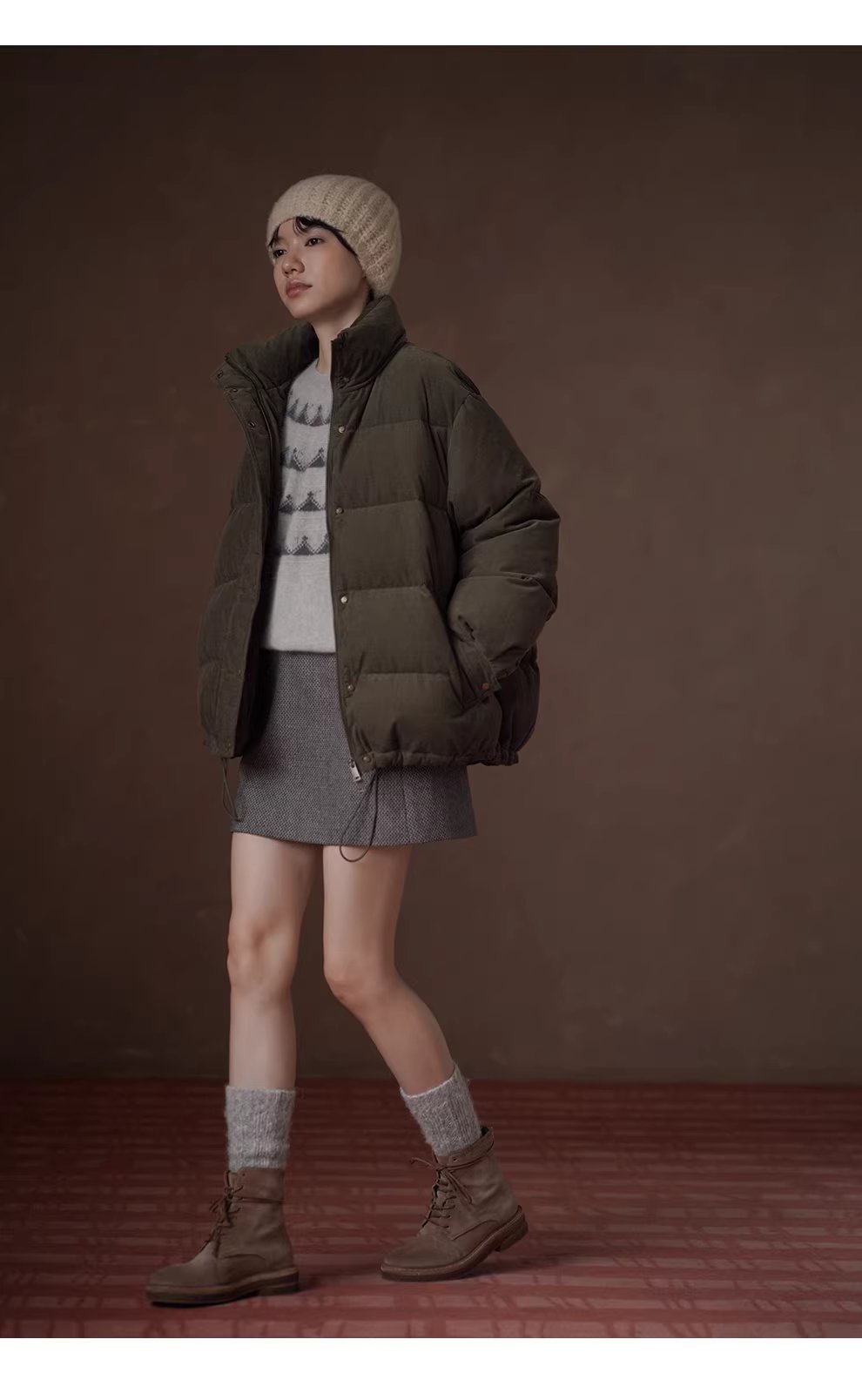 復古費爾島提花氛圍感柔軟羊毛浣熊混紡圓領寬鬆毛衣女