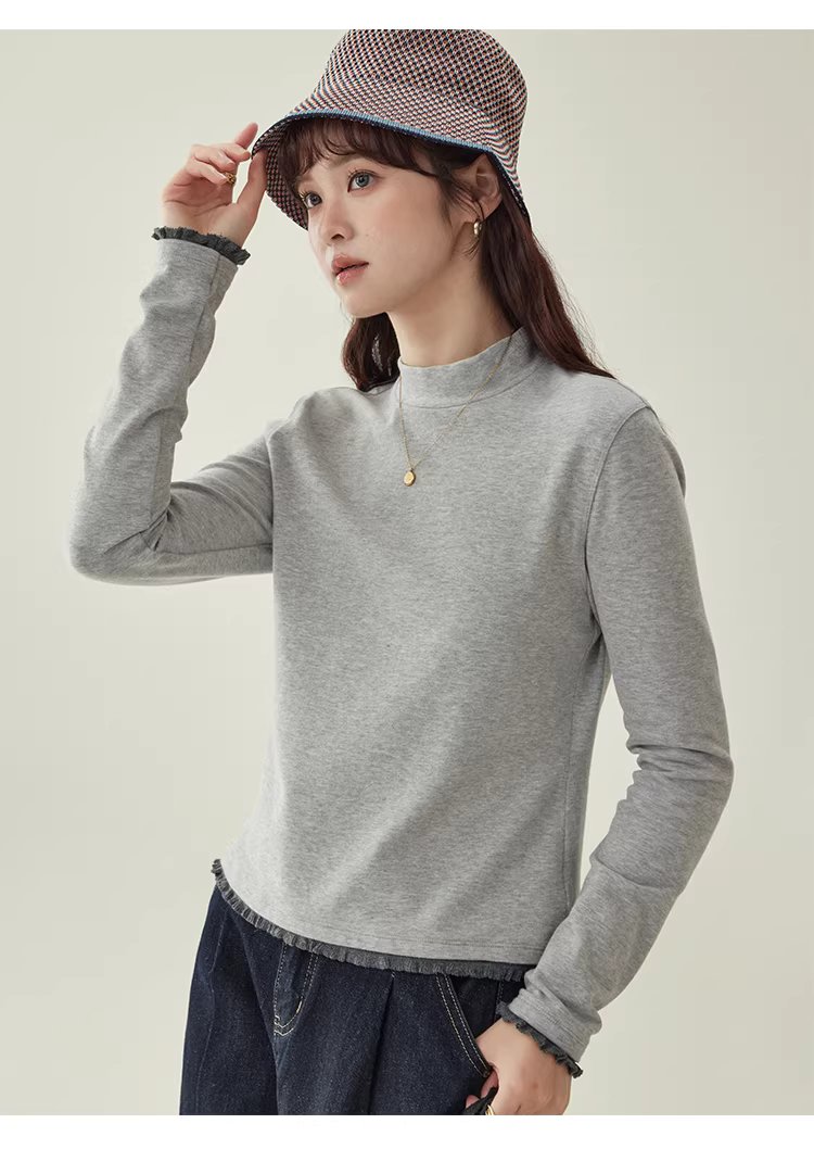拼接螺紋邊半高領厚T恤女冬季新款灰色內搭上衣,拼接螺紋邊半高領厚T恤女冬季新款灰色內搭上衣,HBEW1143,拼接螺紋邊半高領厚T恤女冬季新款灰色內搭上衣,半高領,舒適面料