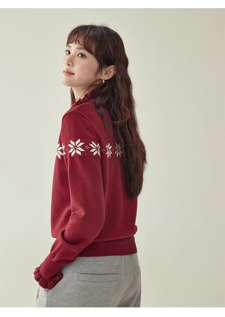 減齡紅色木耳邊雪花針織衫女冬新款內搭長袖上衣,減齡紅色木耳邊雪花針織衫女冬新款內搭長袖上衣,HBEW1152,減齡紅色木耳邊雪花針織衫女冬新款內搭長袖上衣,木耳邊,雪花針織