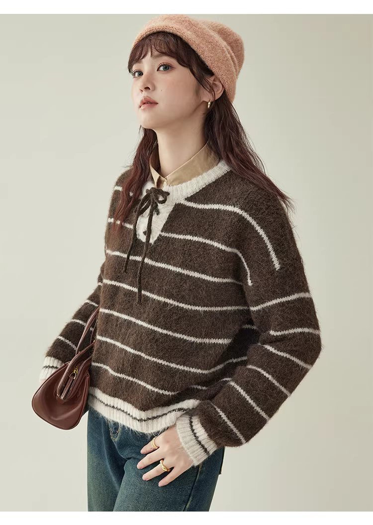 撞色條紋綁帶圓領羊毛毛衣女冬季新款甜美落肩袖上衣,撞色條紋綁帶圓領羊毛毛衣女冬季新款甜美落肩袖上衣,HBEW1155,撞色條紋綁帶圓領羊毛毛衣女冬季新款甜美落肩袖上衣,綁帶衣領,羊毛混紡