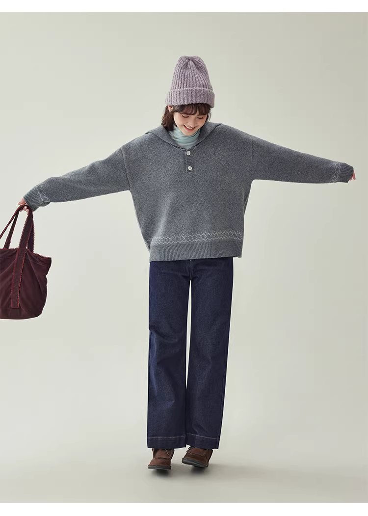 灰色提花海軍領毛衣女冬新款費爾島寬鬆長袖上衣,灰色提花海軍領毛衣女冬新款費爾島寬鬆長袖上衣,HBEW1191,灰色提花海軍領毛衣女冬新款費爾島寬鬆長袖上衣,海軍領,費爾島圖騰