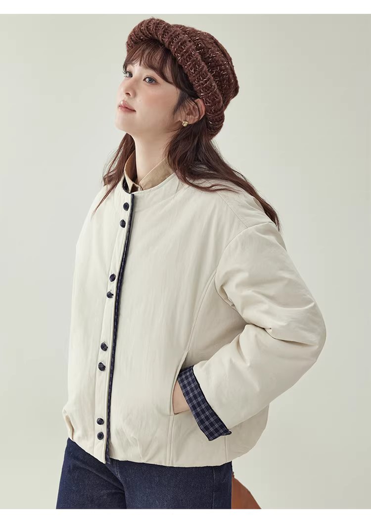 撞色單排扣落肩長袖保暖棉服外套女冬季寬鬆圓領上衣,撞色單排扣落肩長袖保暖棉服外套女冬季寬鬆圓領上衣,HBEW5129,撞色單排扣落肩長袖保暖棉服外套女冬季寬鬆圓領上衣,圓領排扣,格紋拼接