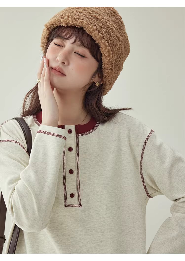 撞色反線落肩袖T恤女冬季新款半開扣圓領上衣,撞色反線落肩袖T恤女冬季新款半開扣圓領上衣,HBEW1192,撞色反線落肩袖T恤女冬季新款半開扣圓領上衣,半開排扣,舒適面料