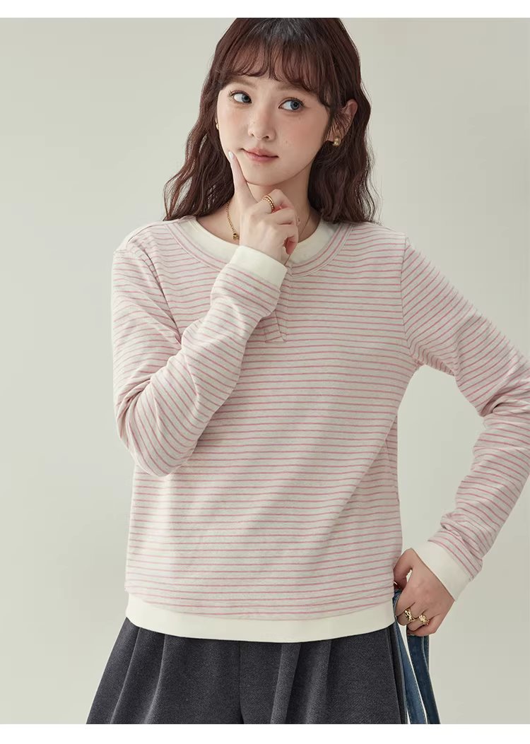 假兩件粉條紋長袖T恤女冬季新款少女感寬鬆上衣,假兩件粉條紋長袖T恤女冬季新款少女感寬鬆上衣,HBEW1197,假兩件粉條紋長袖T恤女冬季新款少女感寬鬆上衣,假兩件式,舒適面料