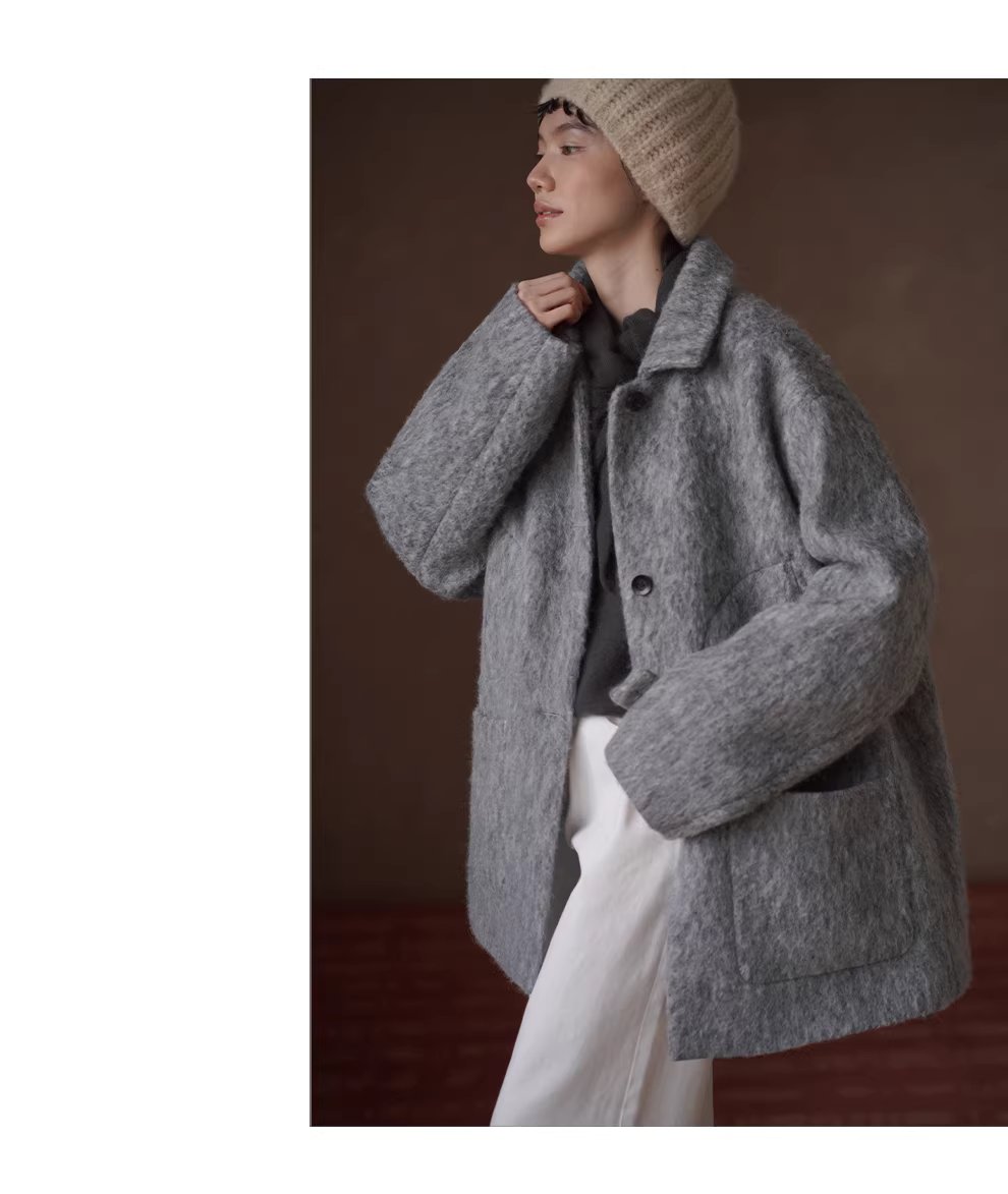 霧嵐星海羊毛混紡雜花灰翻領大衣中長款寬鬆絎棉外套女,霧嵐星海羊毛混紡雜花灰翻領大衣中長款寬鬆絎棉外套女,HBEW5131,霧嵐星海羊毛混紡雜花灰翻領大衣中長款寬鬆絎棉外套女,翻領排扣,羊毛混紡