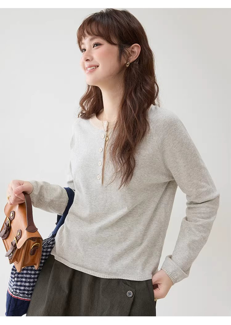 撞色領半開扣純棉針織衫女春季新款簡約百搭上衣,撞色領半開扣純棉針織衫女春季新款簡約百搭上衣,HBFS1006,撞色領半開扣純棉針織衫女春季新款簡約百搭上衣,半開排扣,全棉面料