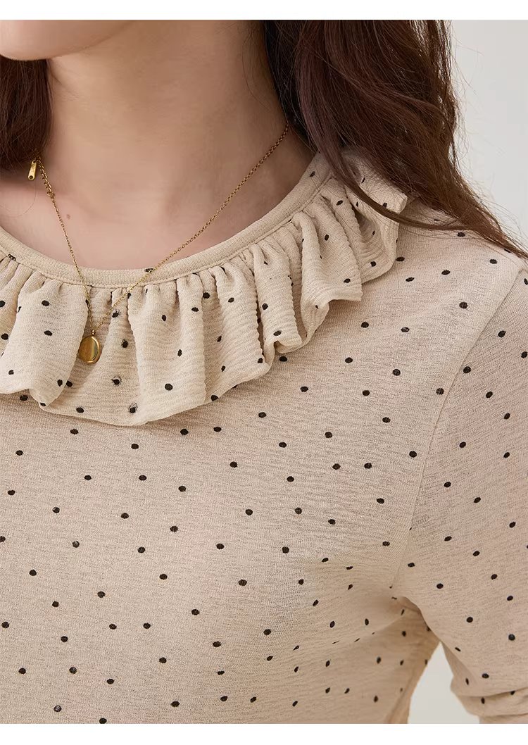 波點荷葉邊圓領T恤女春季新款薄款長袖內搭上衣,波點荷葉邊圓領T恤女春季新款薄款長袖內搭上衣,HBFS1010,波點荷葉邊圓領T恤女春季新款薄款長袖內搭上衣,荷葉邊領,復古波點