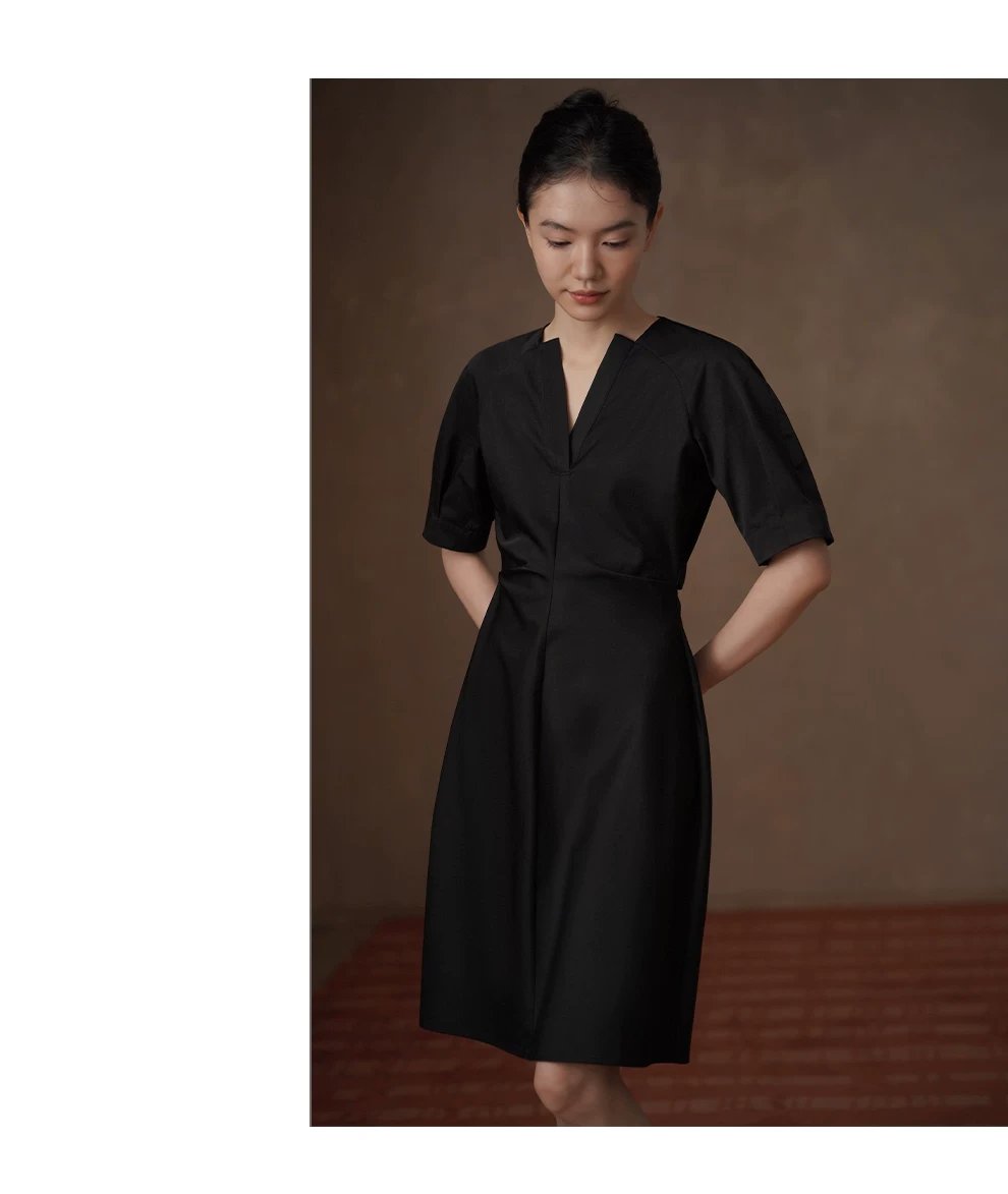 極簡廓形收腰剪裁寬鬆羊腿袖通勤短款顯瘦小個子洋裝,極簡廓形收腰剪裁寬鬆羊腿袖通勤短款顯瘦小個子洋裝,HBFS7012,極簡廓形收腰剪裁寬鬆羊腿袖通勤短款顯瘦小個子洋裝,微光質感,V領優雅