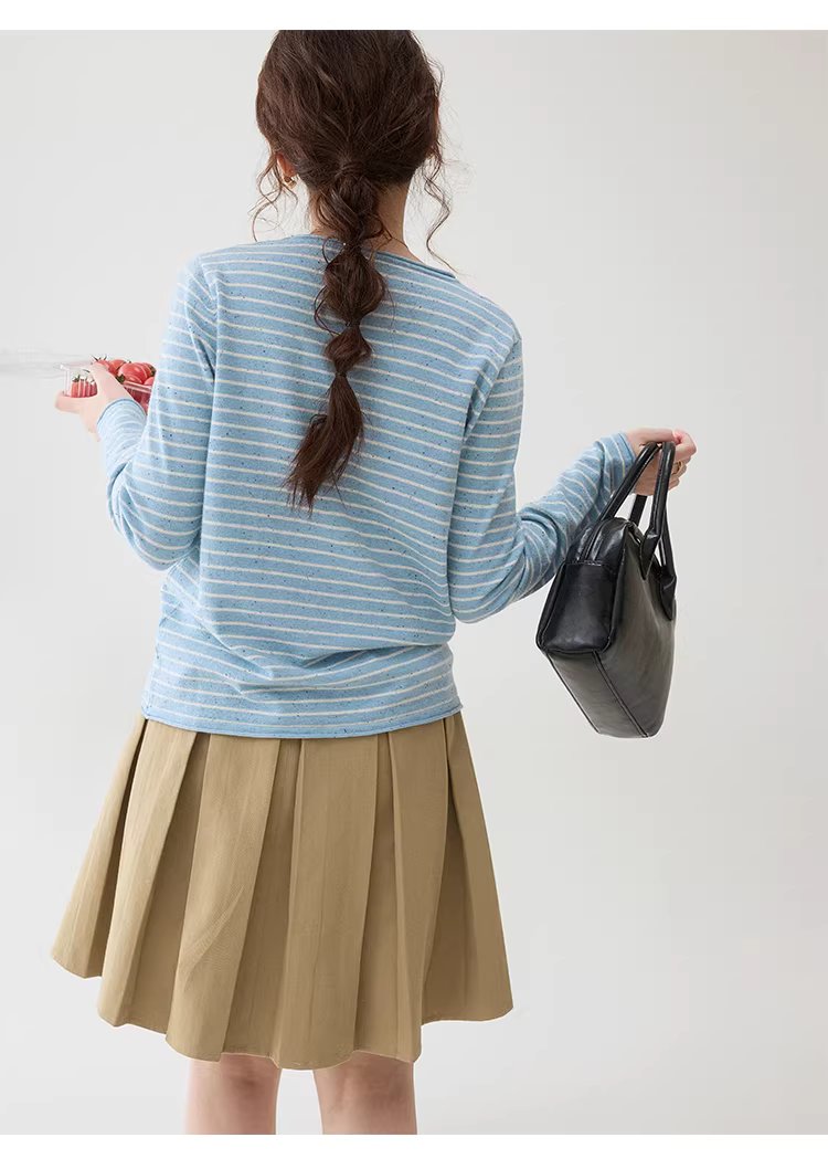 撞色條紋花點捲邊針織衫女春季新款寬鬆長袖上衣,撞色條紋花點捲邊針織衫女春季新款寬鬆長袖上衣,HBFS1043,撞色條紋花點捲邊針織衫女春季新款寬鬆長袖上衣,捲邊衣襬,花點面料